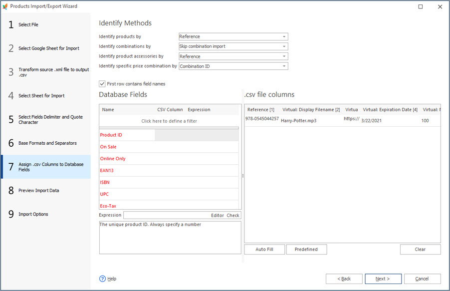 Import Virtual Products Assign CSV Columns Step Import Virtual Products with Store Manager Assign CSV Columns Step