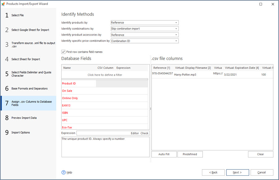 Import Virtual Products with Store Manager Assign CSV Columns Step