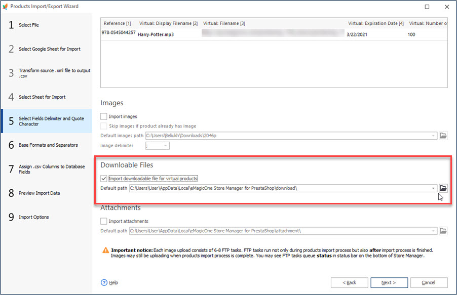 Import Virtual Products Select Fields Delimiter Step Import Virtual Products with Store Manager Select Fields Delimiter Step