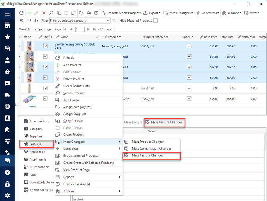 Mass Features Changer in PrestaShop Store Manager