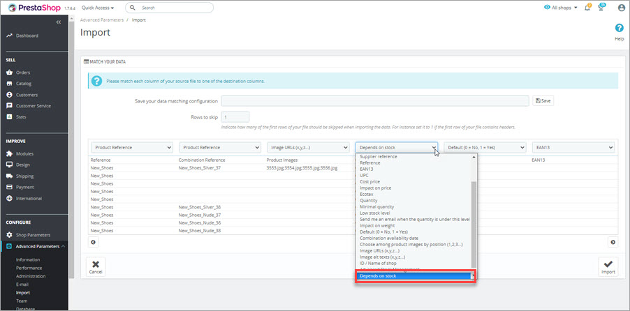 Match Your Data for Products Import Backend Match Your Data for Products Import with PrestaShop Admin