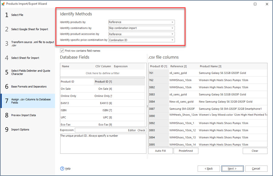 PrestaShop Fields Association Step During Products Import with Store Manager