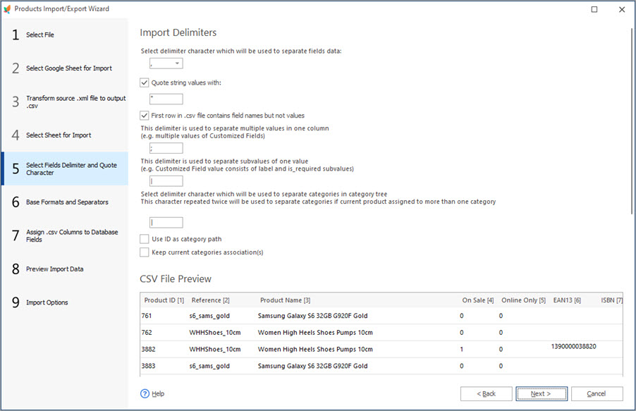 PrestaShop Import File Delimiters Indication PrestaShop Import File Delimiters Step