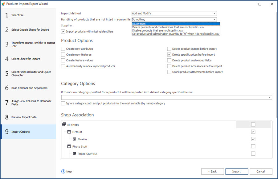 PrestaShop Import Options PrestaShop Import Options Step in Store Manager Import Wizard