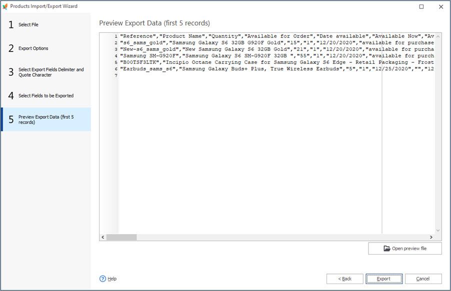 Preview Export Data with Store Manager Export Wizard