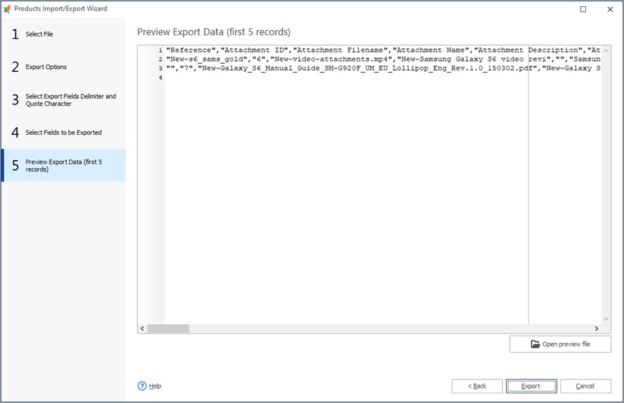 Preview Export Data Step in Export Wizard