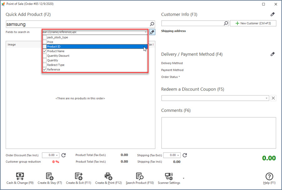 PrestaShop Product Search Option in POS Window