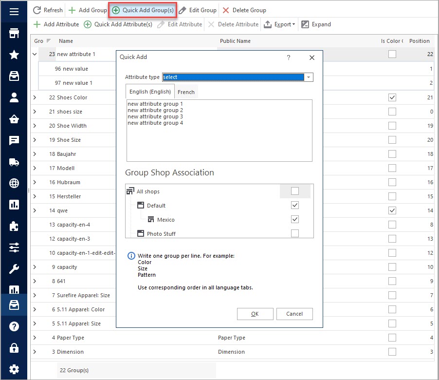 Quick Add New Attribute in PrestaShop Store Manager Quick Add New PrestaShop Attribute in eMagicOne Store Manager