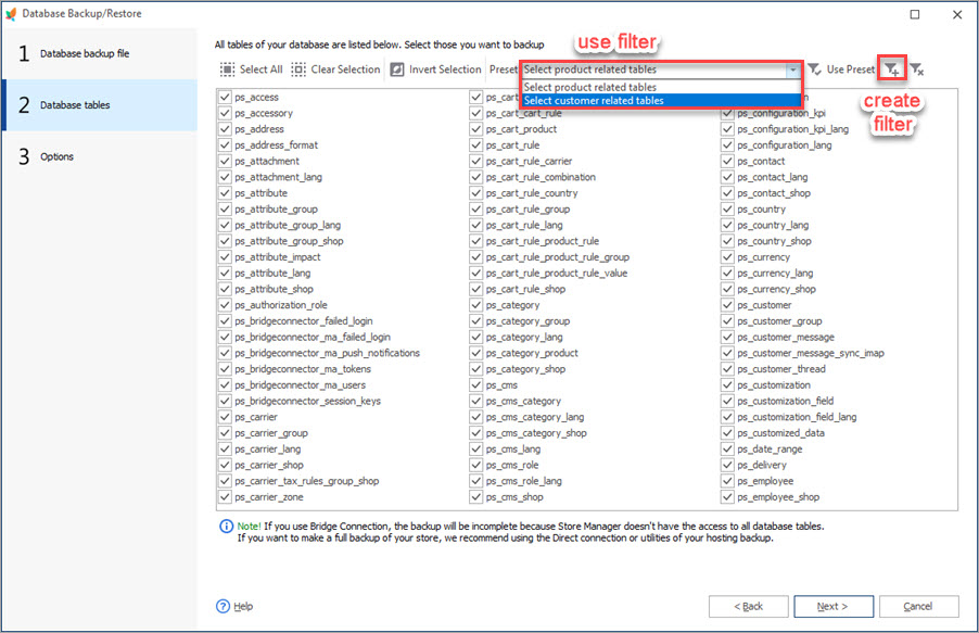 Select Database Tables for Backup with Store Manager