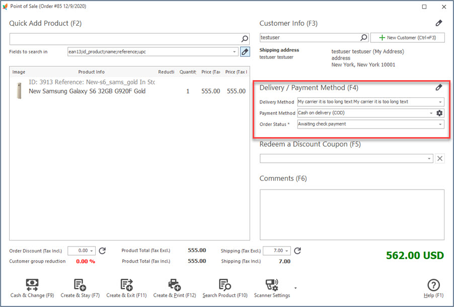 Select Delivery and Payment Method in POS Window