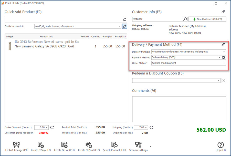 Select Delivery and Payment Method Select Delivery and Payment Method in POS Window