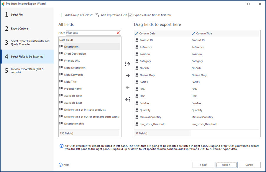 Select Fields for Export in Automated Product Export Addon