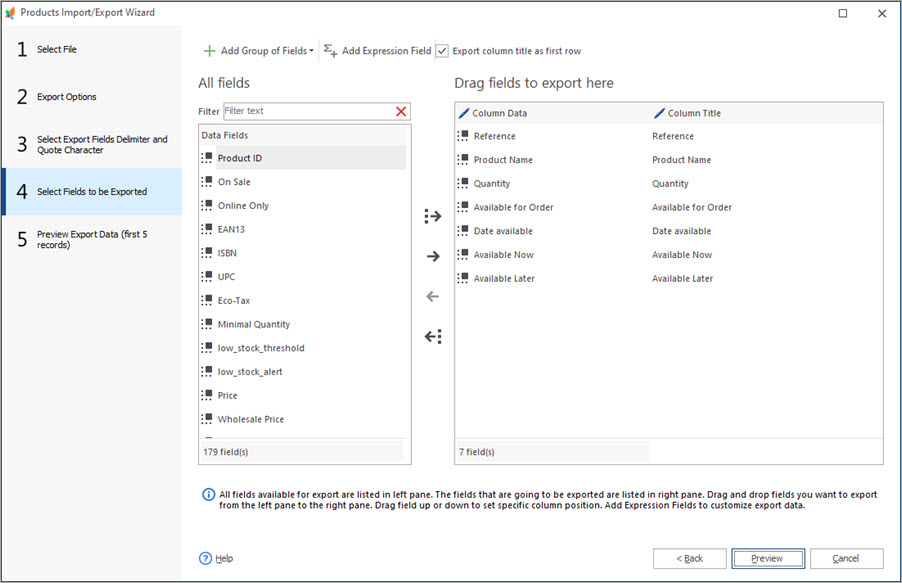 Select Fields for Export Select Fields for Export with Store Manager