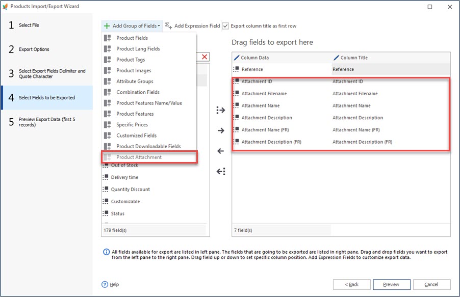 Select Fields to be Exported Select Fields to be Exported in Export Wizard