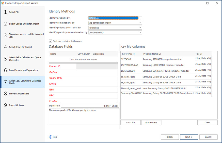 Select Identification Method and Map Database Fields with CSV Columns During Store Manager Import