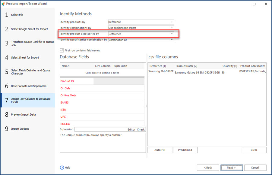 Select Identifier for Products Accessories Import with Store Manager