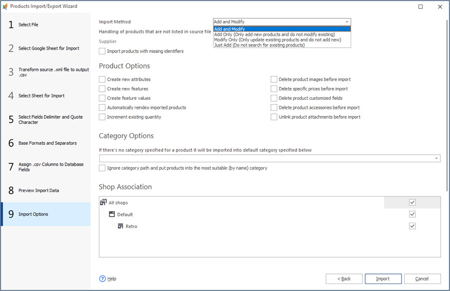 Select Import Method at Import Options Step with Store Manager