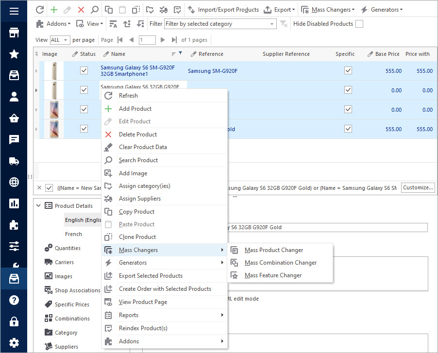 Select Mass Product Changer from Context Menu Select Mass Product Changer from Context Menu in PrestaShop Store Manager
