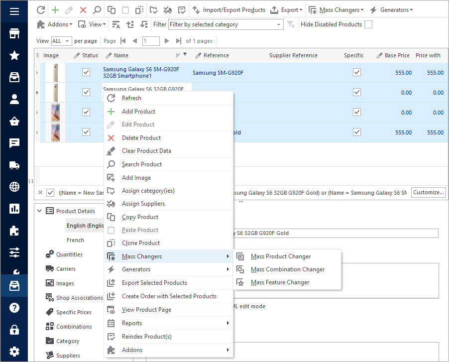 Select Mass Product Changer from Context Menu in PrestaShop Store Manager