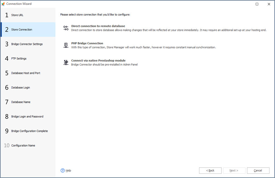 Select Store Connection to Configure it with Wizard Select Store Connection to Configure it with Store Manager Wizard