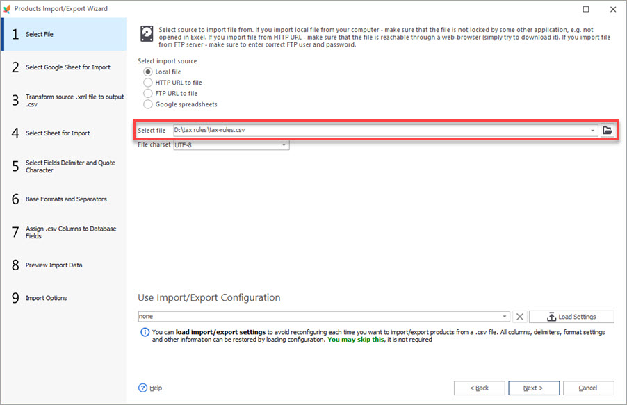 Select the File to Import Tax Rules with Store Manager