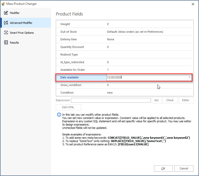 Update Date Available in Mass Product Changer with Store Manager