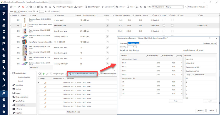Use Product Combinations Generator to Create New Combinations for PrestaShop Product Use Product Combinations Generator to Create New Combinations for PrestaShop Product with Store Manager