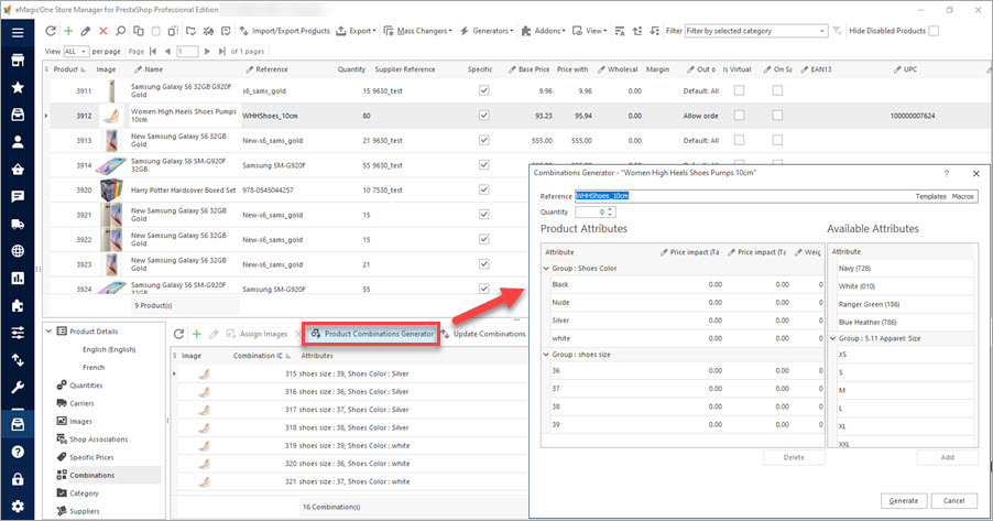 Use Product Combinations Generator to Create New Combinations for PrestaShop Product with Store Manager