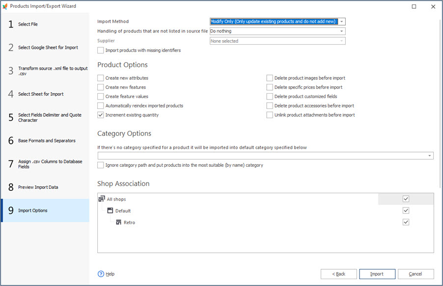 PrestaShop Warehouse Import Options Step