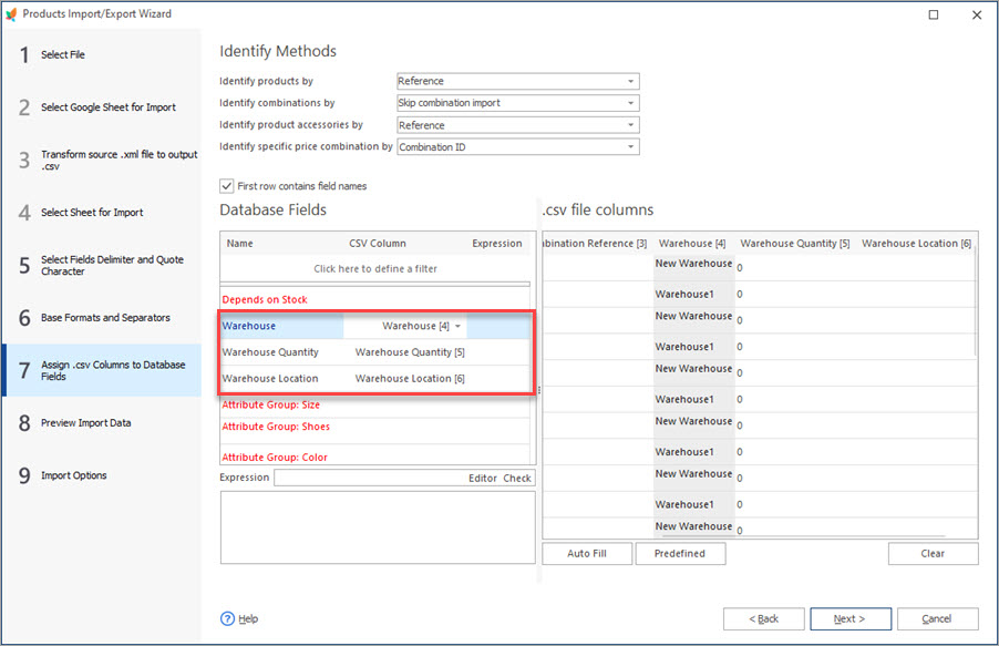 Assign CSV Columns to Database Fields During PrestaShop Products Import with Store Manager