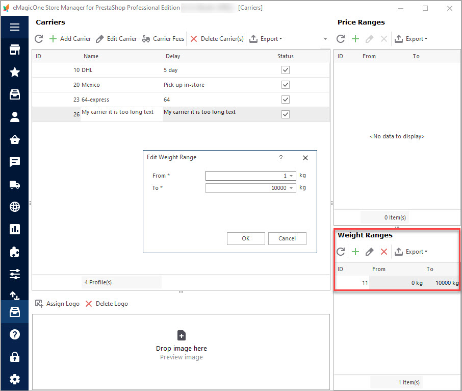 Check Weight Ranges for PrestaShop Carriers in Store Manager