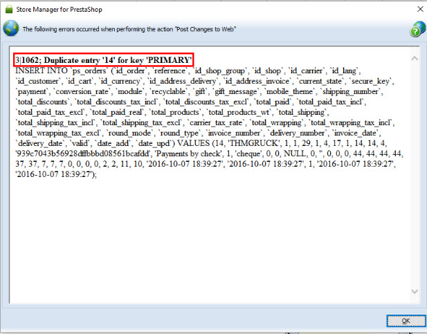 Duplicate Entry Error on Post Duplicate Entry Error on Post with PresaShop Store Manager
