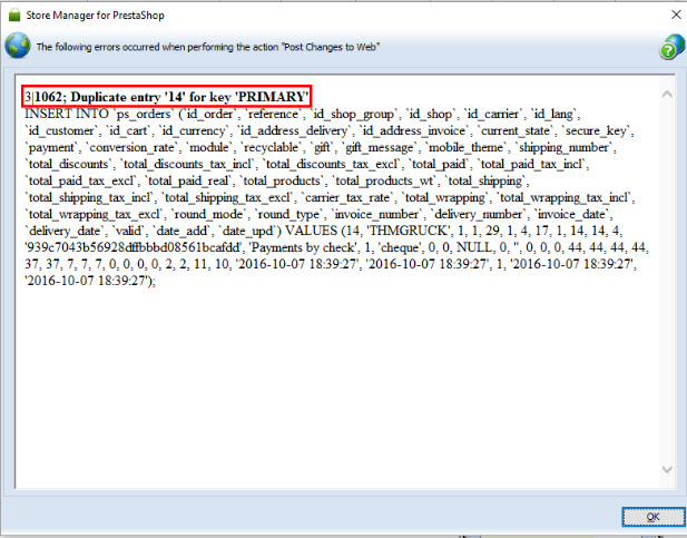 Duplicate Entry Error on Post with PresaShop Store Manager