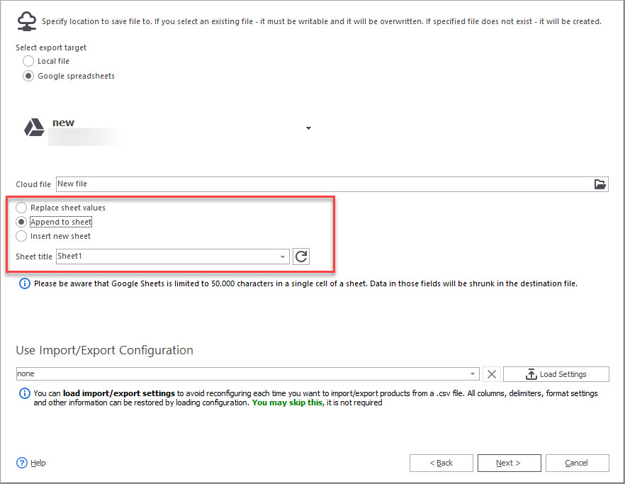 Google Sheets Export File Options with Store Manager