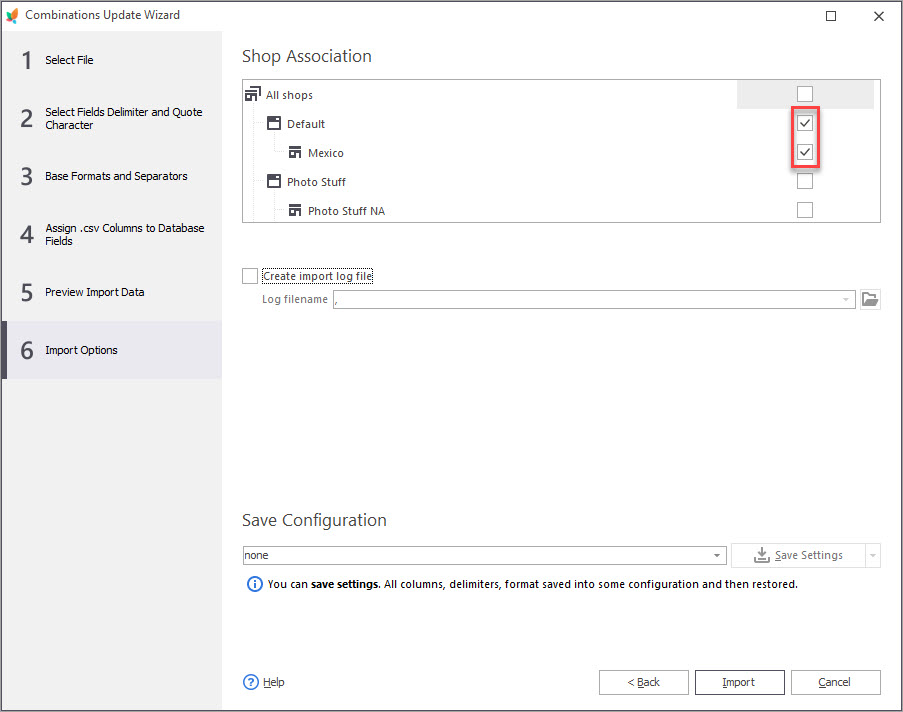 PrestaShop Combinations Update Wizard Import Options with Store Manager