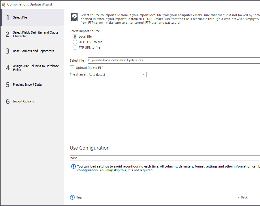 PrestaShop Combinations Update Wizard Select File with Store Manager