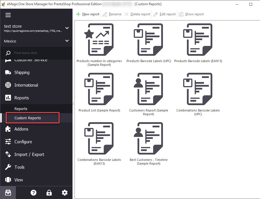 PrestaShop Custom Reports Section in Store Manager
