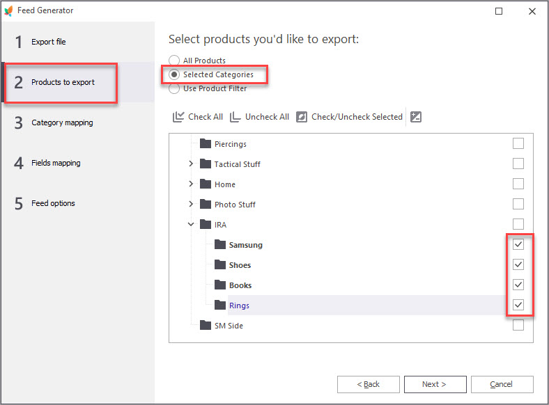 PrestaShop Feed Select Products to Export by Category with Store Manager