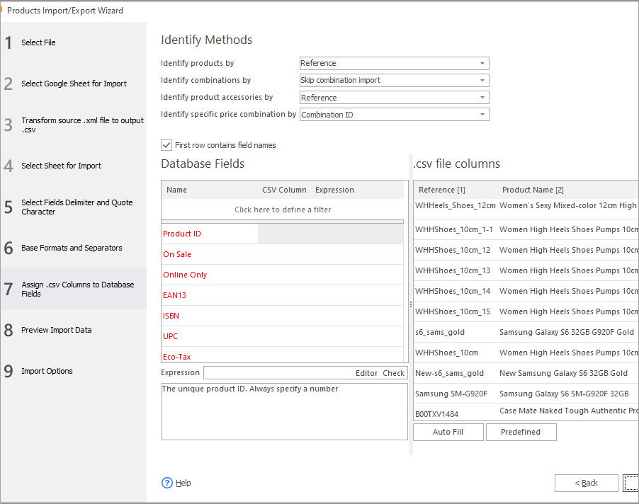 PrestaShop Import Inventory Fields Mapping with Store Manager