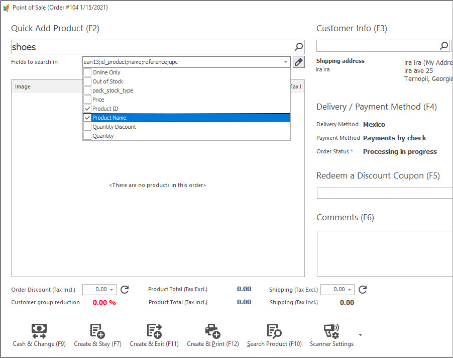PrestaShop Point Of Sale Search Field with Store Manager