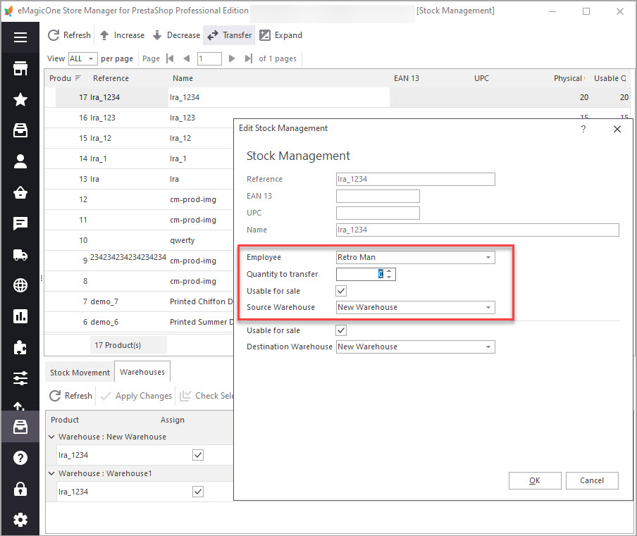 PrestaShop Stock Transfer Source Warehouse with Store Manager