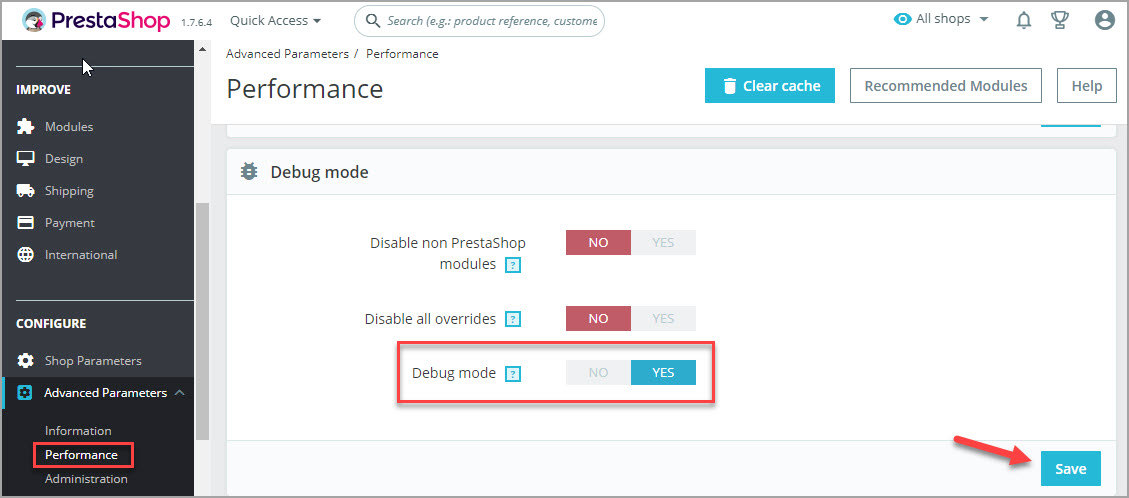 PrestaShop Enable Debug Mode