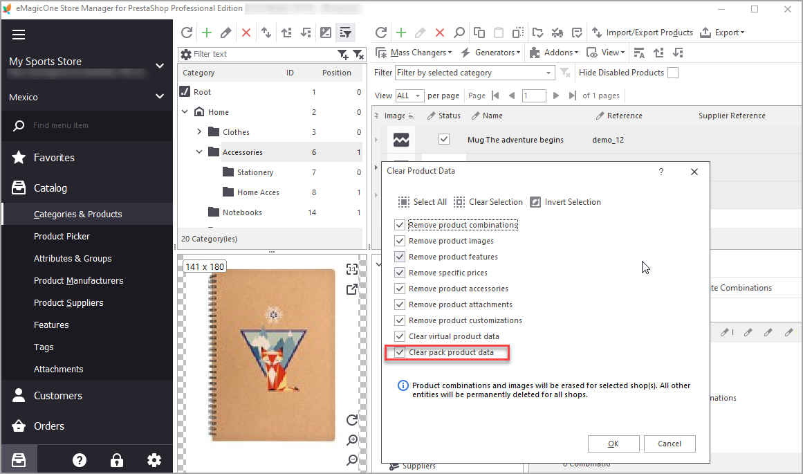 PrestaShop Store Manager Clear Product Pack Data