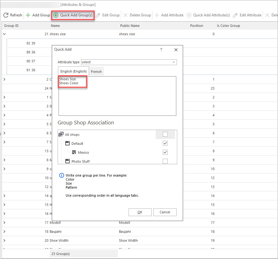 Quick Add PrestaShop Attribute Groups Option Quick Add PrestaShop Attribute Groups Option in Store Manager