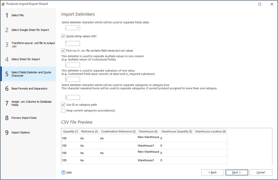 Select Fields Delimiters During PrestaShop Warehouses Import with Store Manager