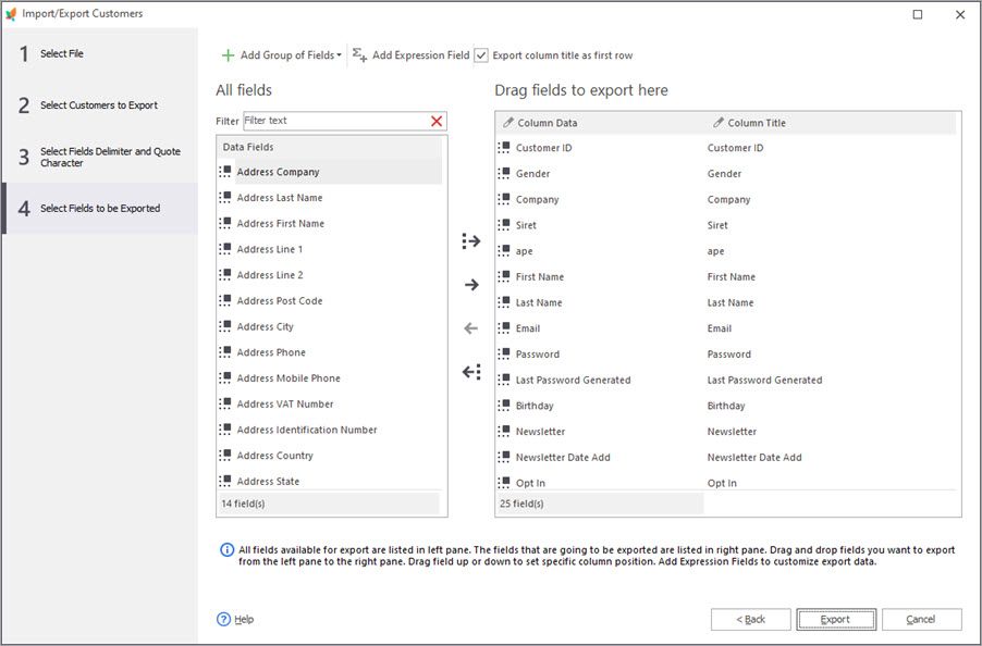 Select Fields to be Exported with PrestaShop Store Manager