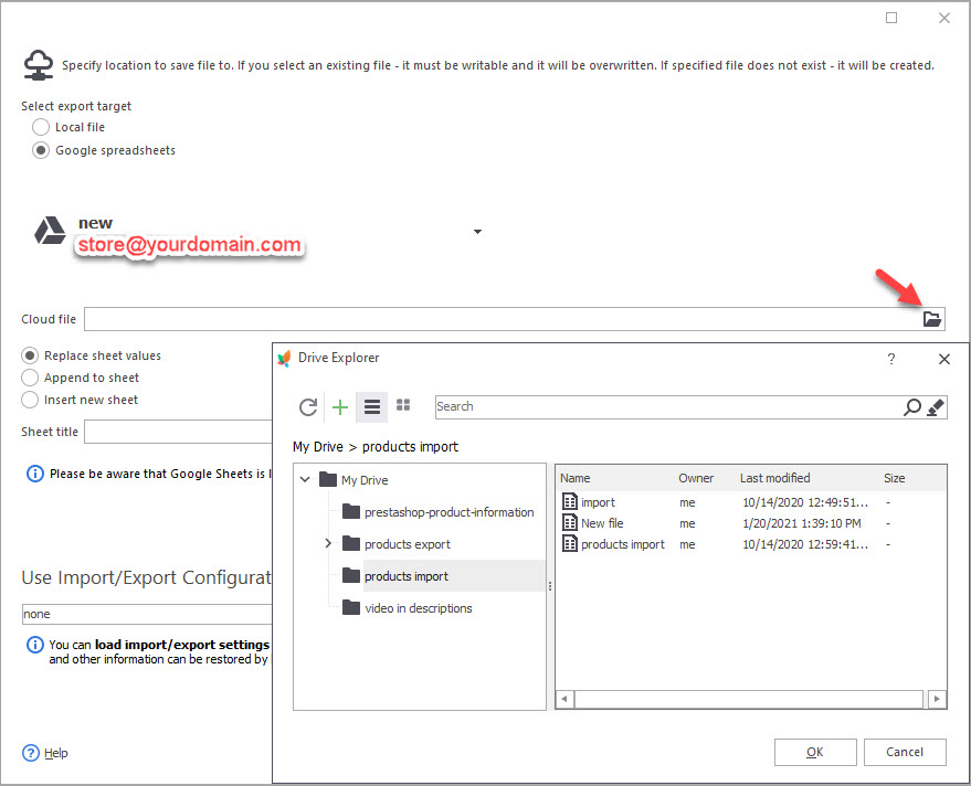 Select File On Google Drive to Export Products with Store Manager
