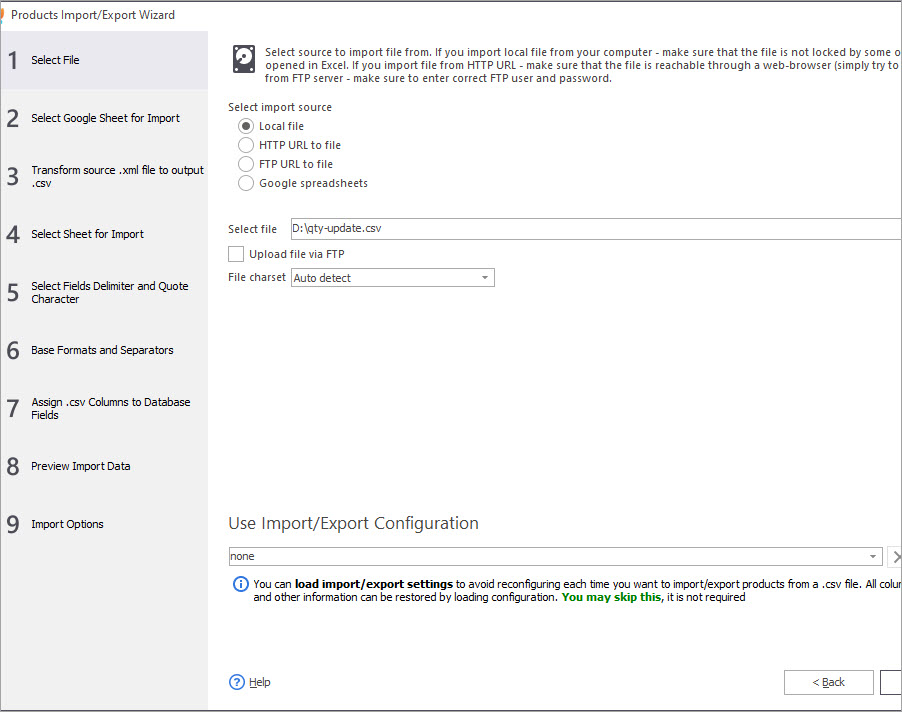 Select File for PrestaShop Stock Update During Import with Store Manager