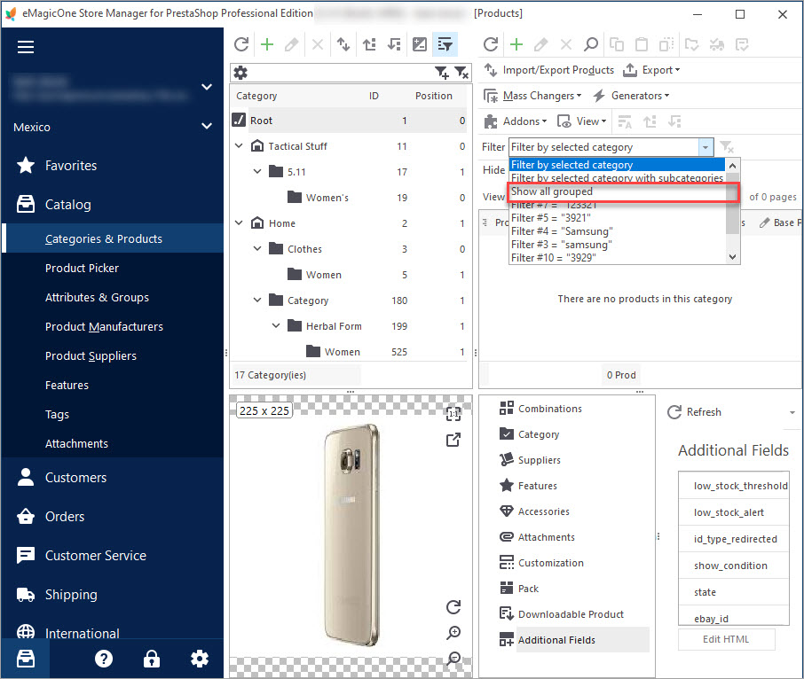 Select Show all Grouped Filter in Products Grid with PrestaShop Store Manager