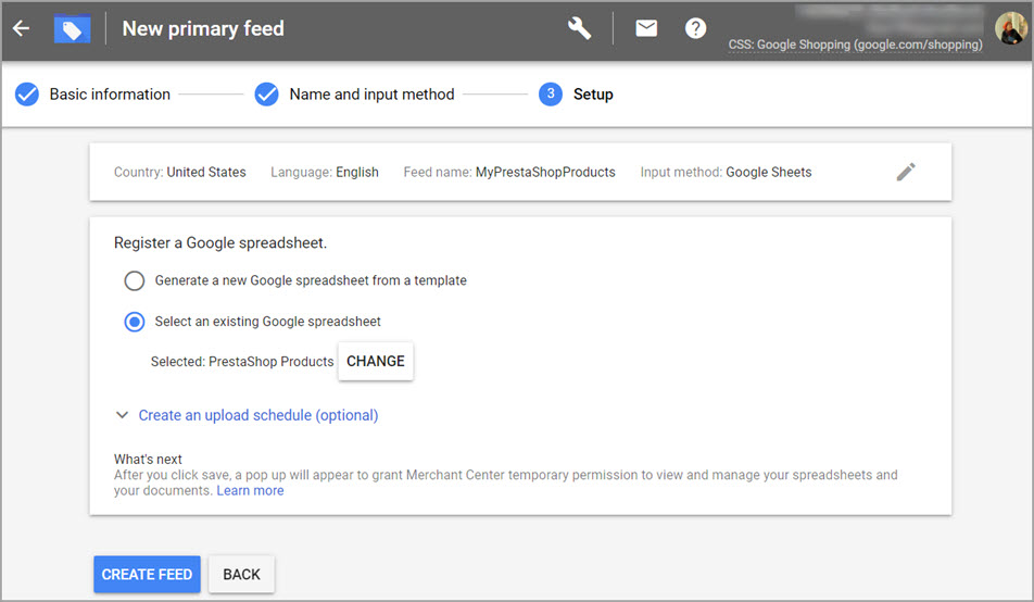 Selecting Google Spread Sheet File Generated by Store Manager to Create Feed in Google Shopping